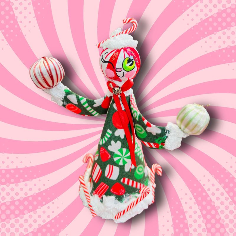 Peppermint Pixie Art Doll in Christmas Candy Print
