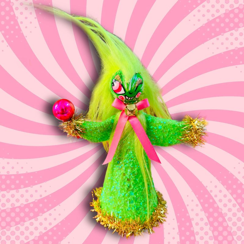 Grinchy Art Doll with Pink Ornament