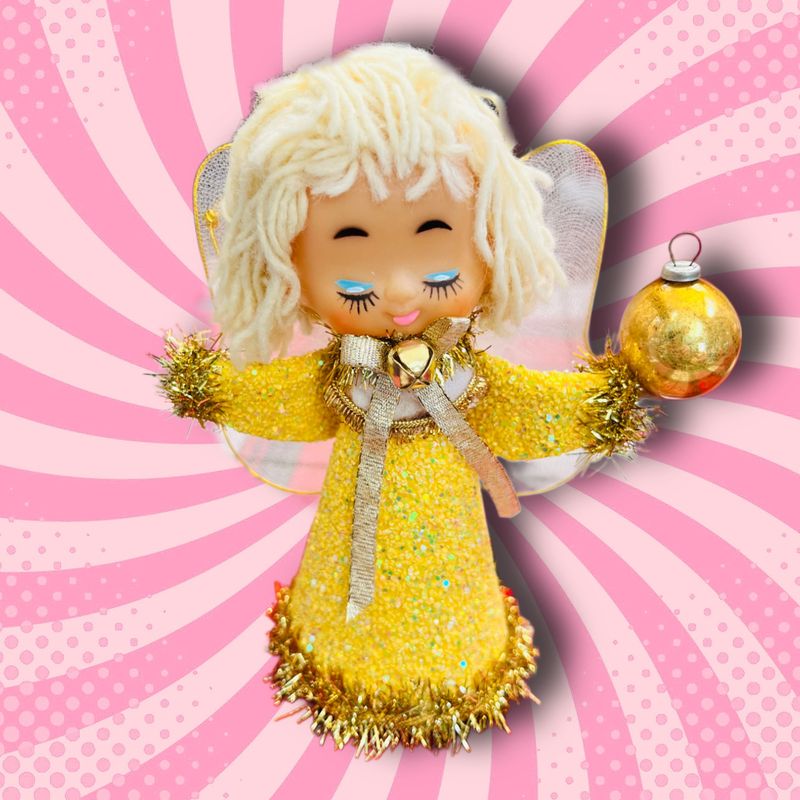 Angel Art Doll Ornament in Yellow Glitter