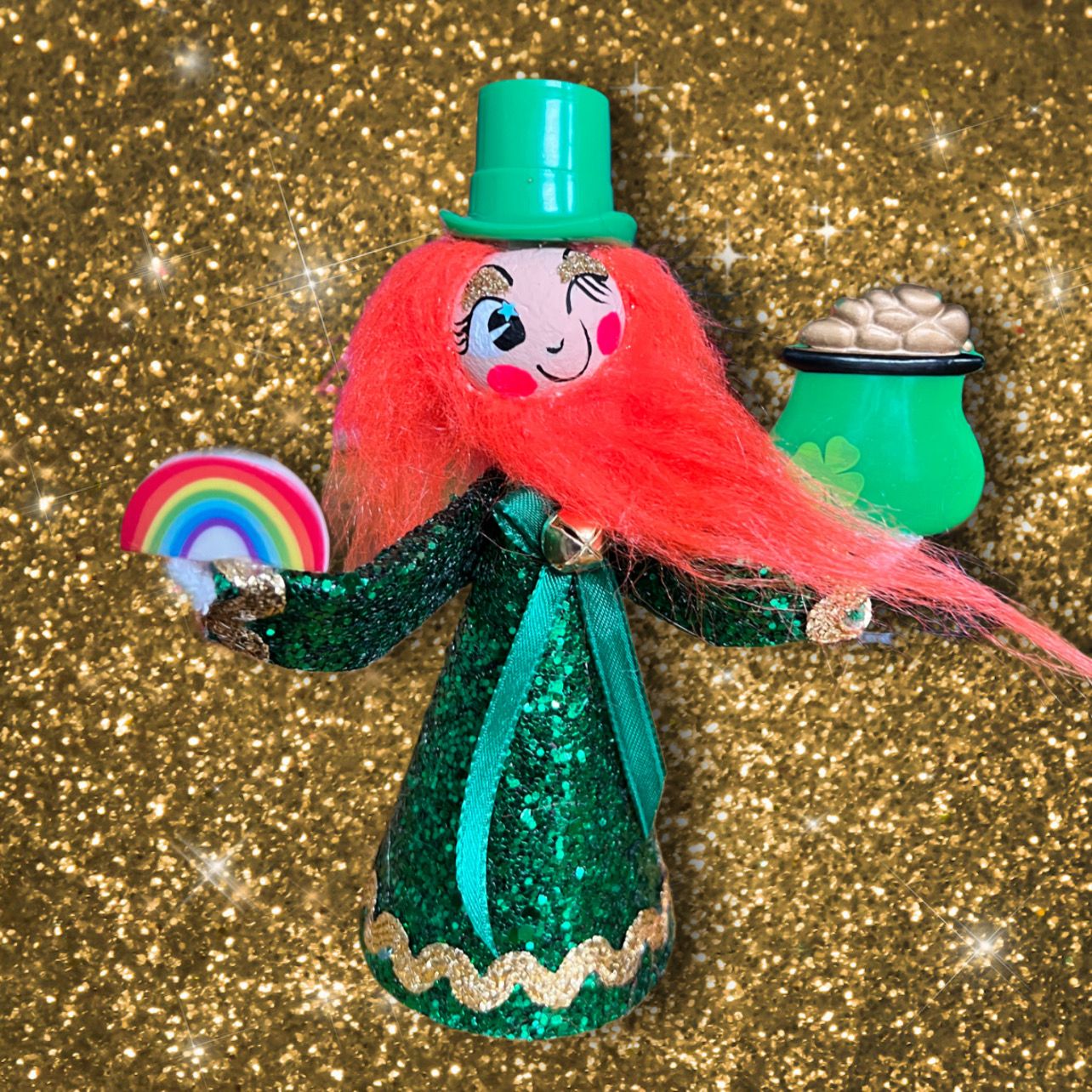 Private Listing for Sharon - Lucky Leprechaun Art Doll in Green Glitter
