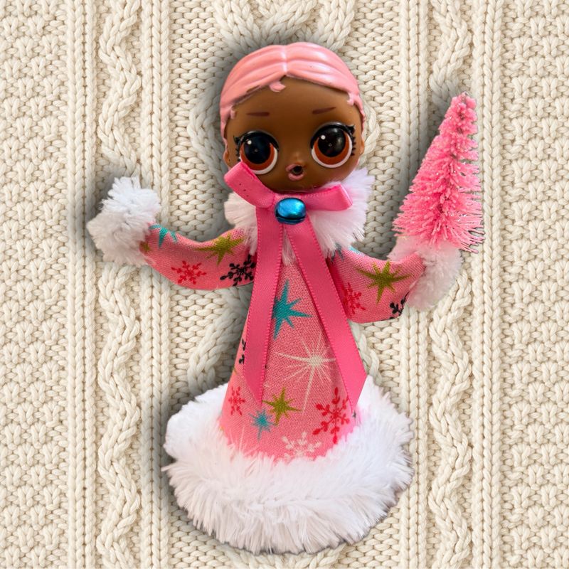 Pink Snowflake Girl Art Doll Ornament featuring a LOL Doll Head