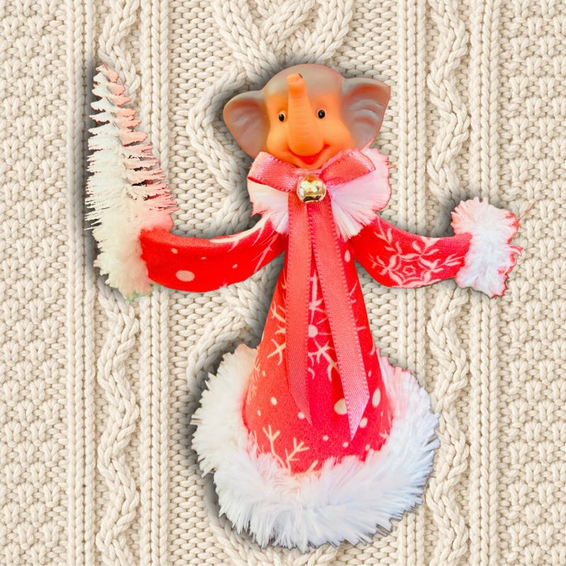 Pink Snowflake Elephant Art Doll Ornament featuring a Vintage Doll Head