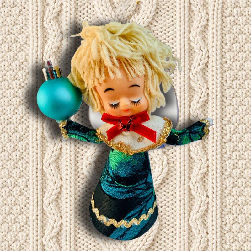 Angel with Ornament in By Vinnik Designer Jacquard Art Doll Ornament featuring a Vintage Doll Head