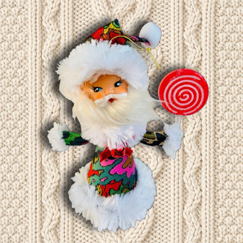 Psychedelic Santa in By Vinnik Designer Jacquard Art Doll Ornament featuring a Vintage Doll Head