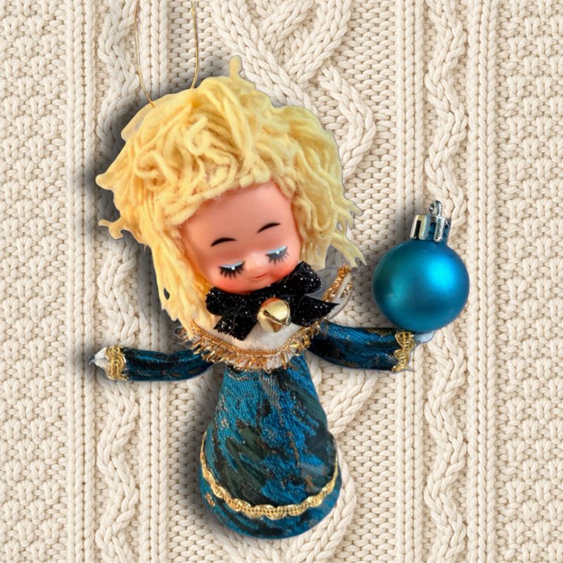Blue Angel in By Vinnik Designer Jacquard Art Doll Ornament featuring a Vintage Doll Head