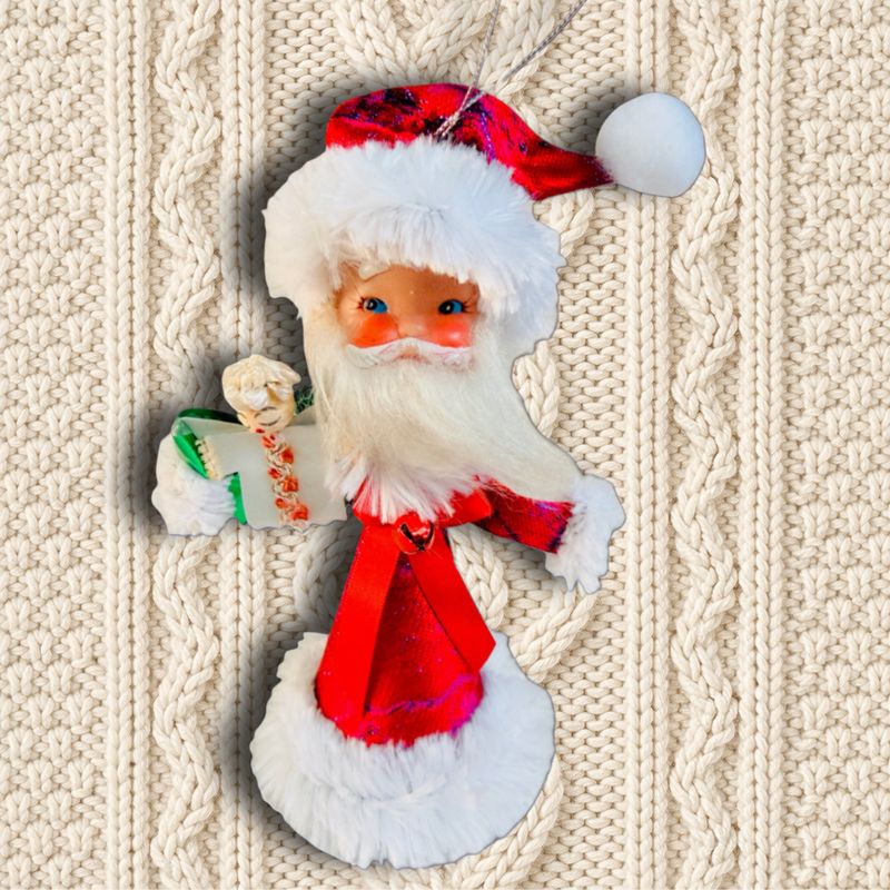 Santa with Angel in By Vinnik Designer Jacquard Art Doll Ornament featuring a Vintage Doll Head