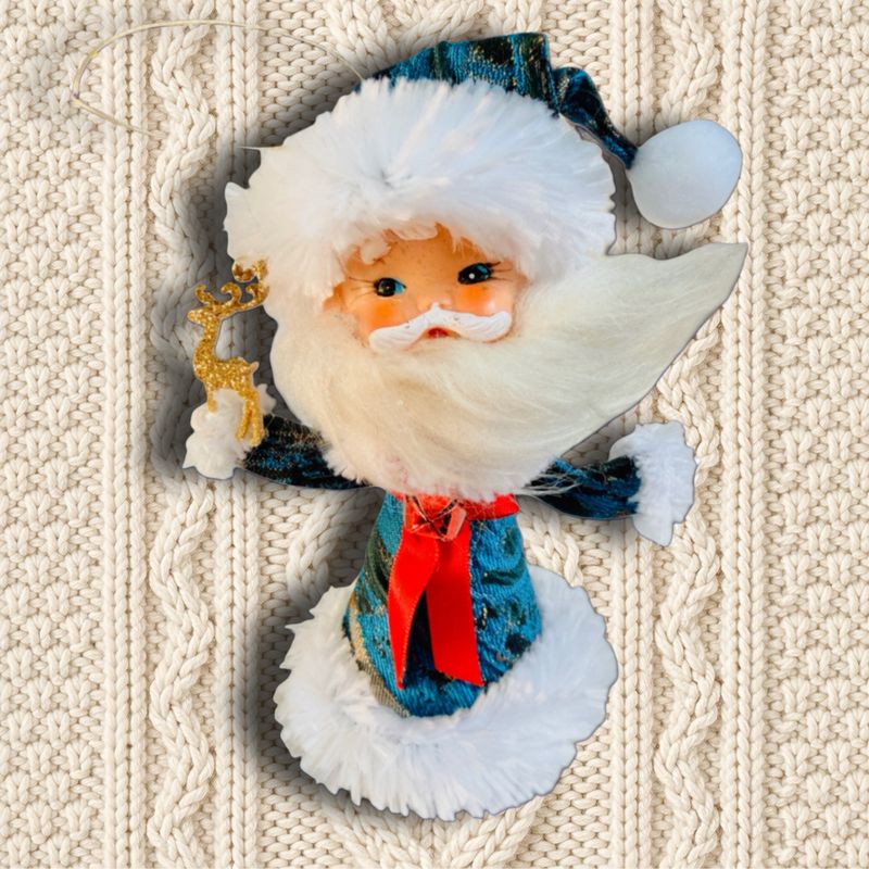Santa with Tiny Gold Deer in By Vinnik Designer Jacquard Art Doll Ornament featuring a Vintage Doll Head