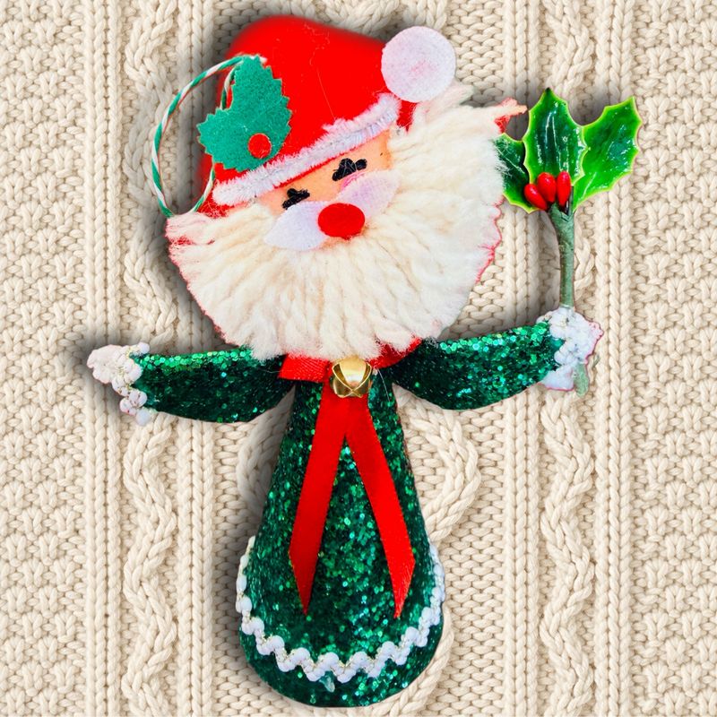 Santa in Green Glitter Art Doll Ornament featuring a Vintage Package Topper Head