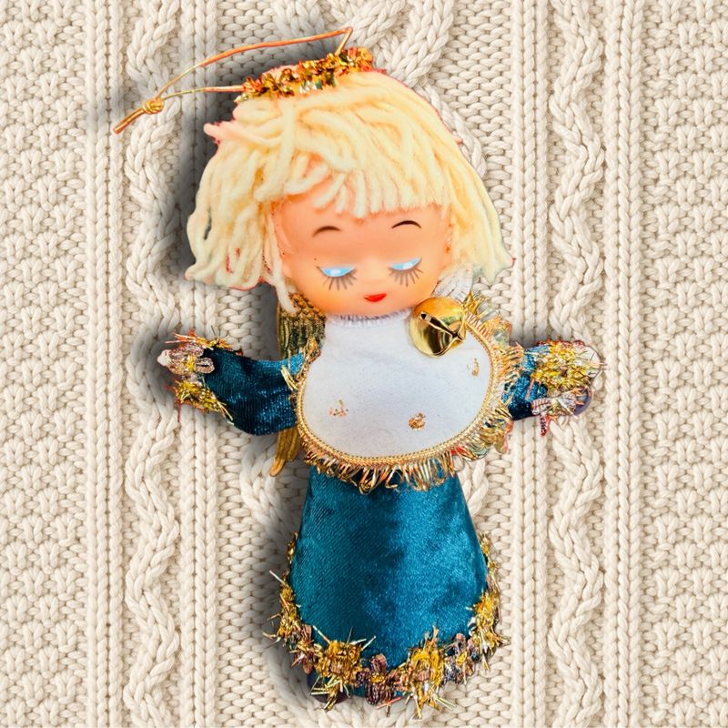 Blue Velvet Angel Art Doll Ornament featuring a Vintage Angel Head