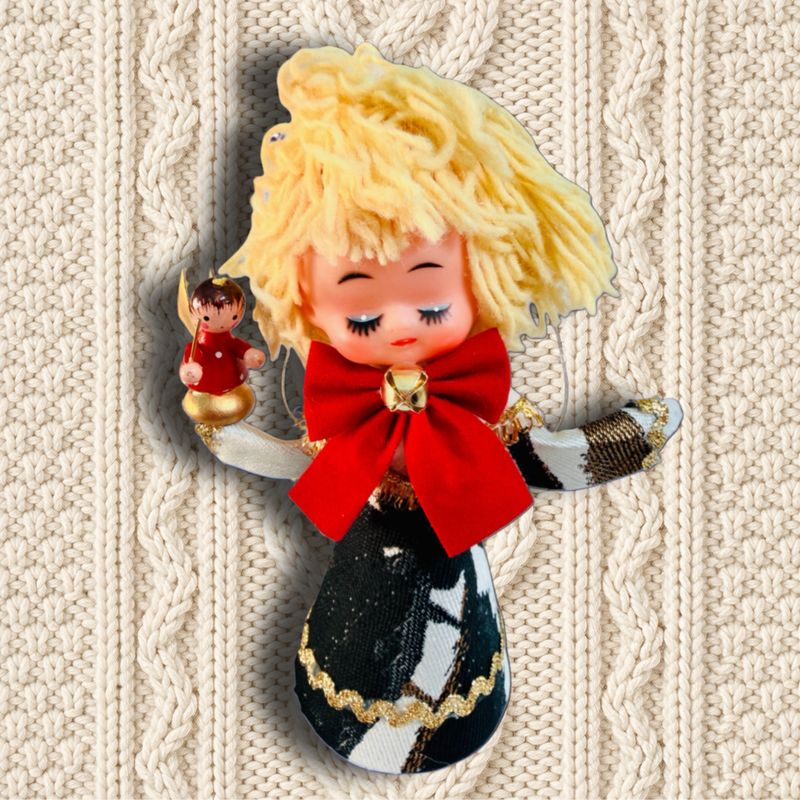 Angel with Tiny Angel in By Vinnik Designer Jacquard Art Doll Ornament featuring a Vintage Doll Head