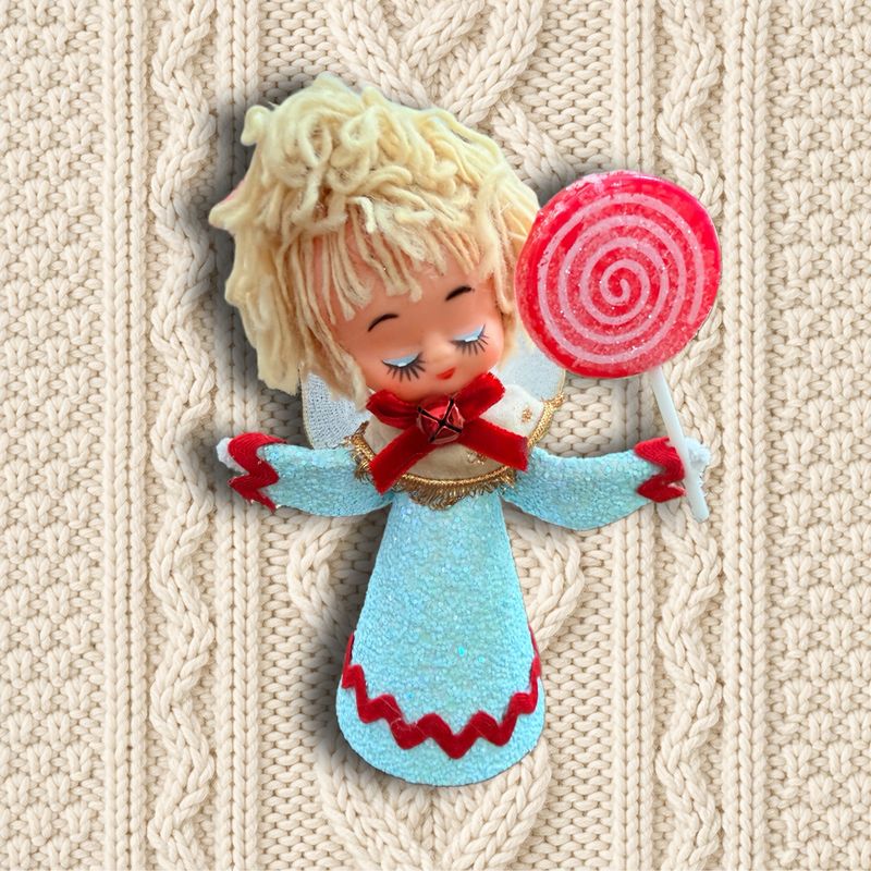 Angel in Blue Glitter Art Doll Ornament featuring a Vintage Doll Head