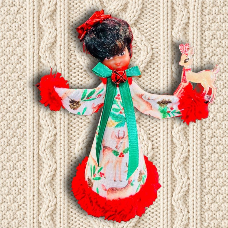 Christmas Girl in Deer Print Art Doll Ornament featuring a Vintage Doll Head