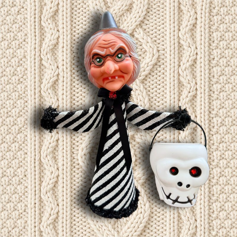 Kitschy Witch with Skull Pail Art Doll featuring a Vintage Doll Head
