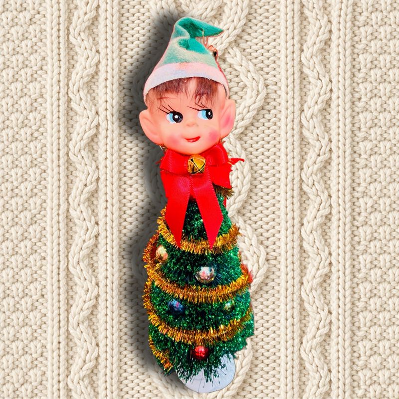 Brunette Elf Head Christmas Tree Art Doll Ornament featuring a Vintage Doll Head