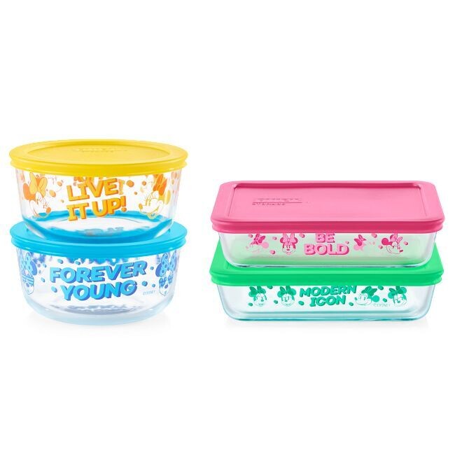 Pyrex 8 Piece Glass Food Storage Container Set Minnie Mickey Mouse 4-Cup & 3 -Cup