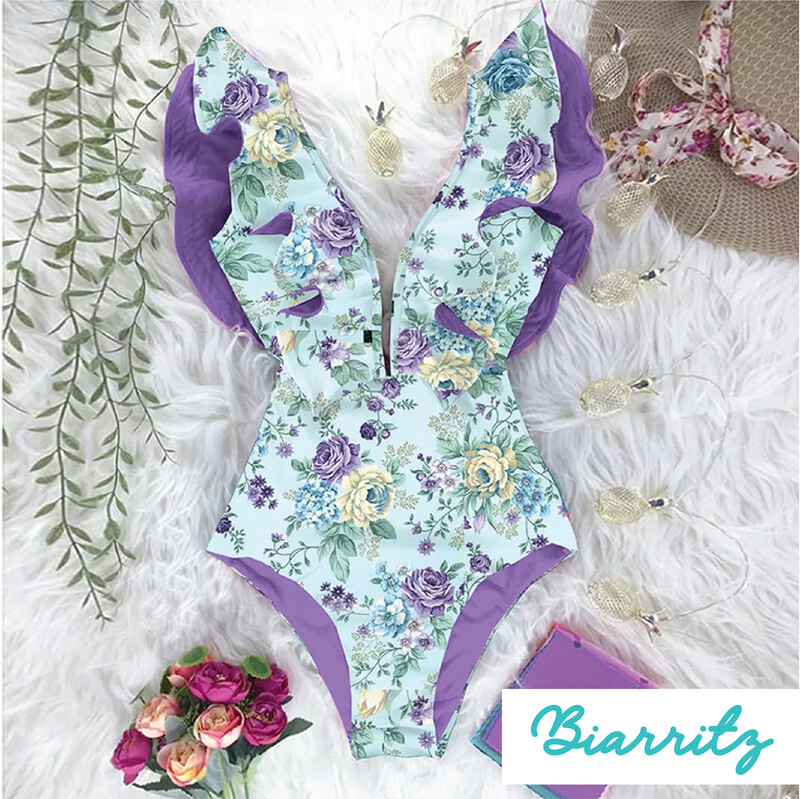 ​Deep V-neck Ruffle One-Piece Swimsuit