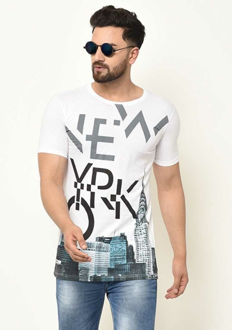 Printed Men Round Neck White T-Shirt