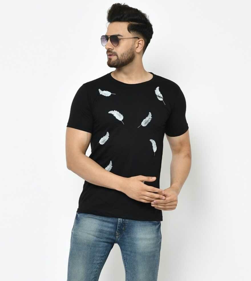 Printed Men Round Neck Black Feather T-Shirt