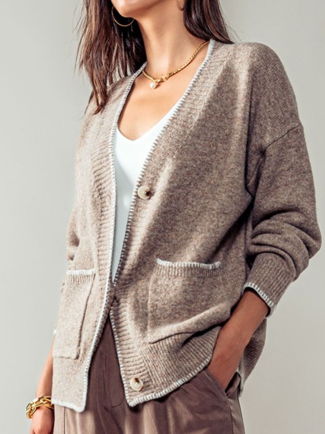 Stiched Edge Knit Cardigan - Mocha