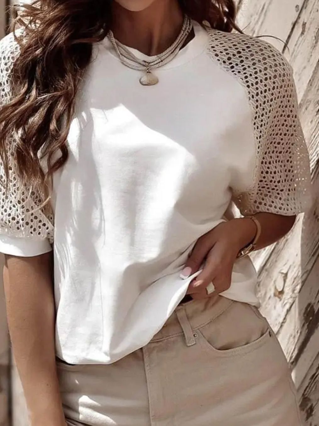 Lace Half Sleeve Crew Neck Tee