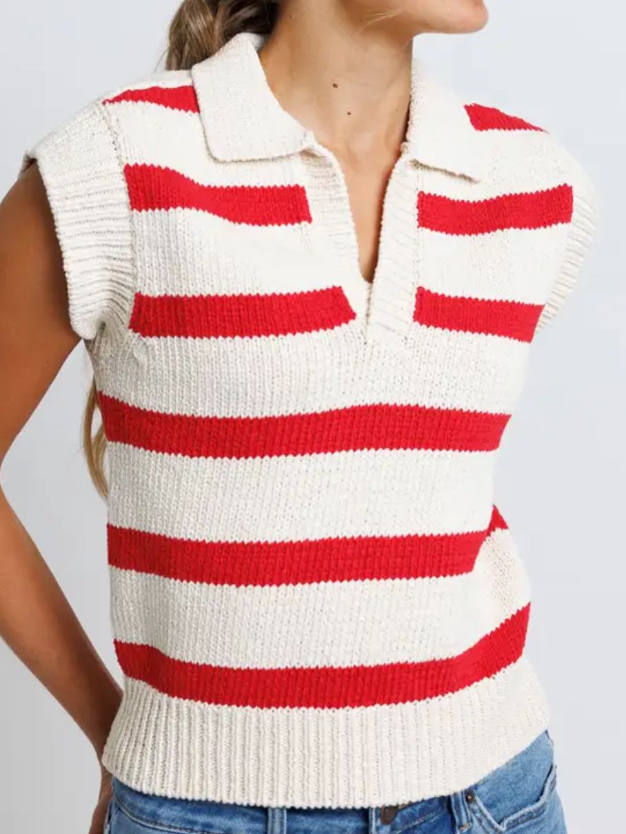 Red White Stripe Collared Sweater Vest