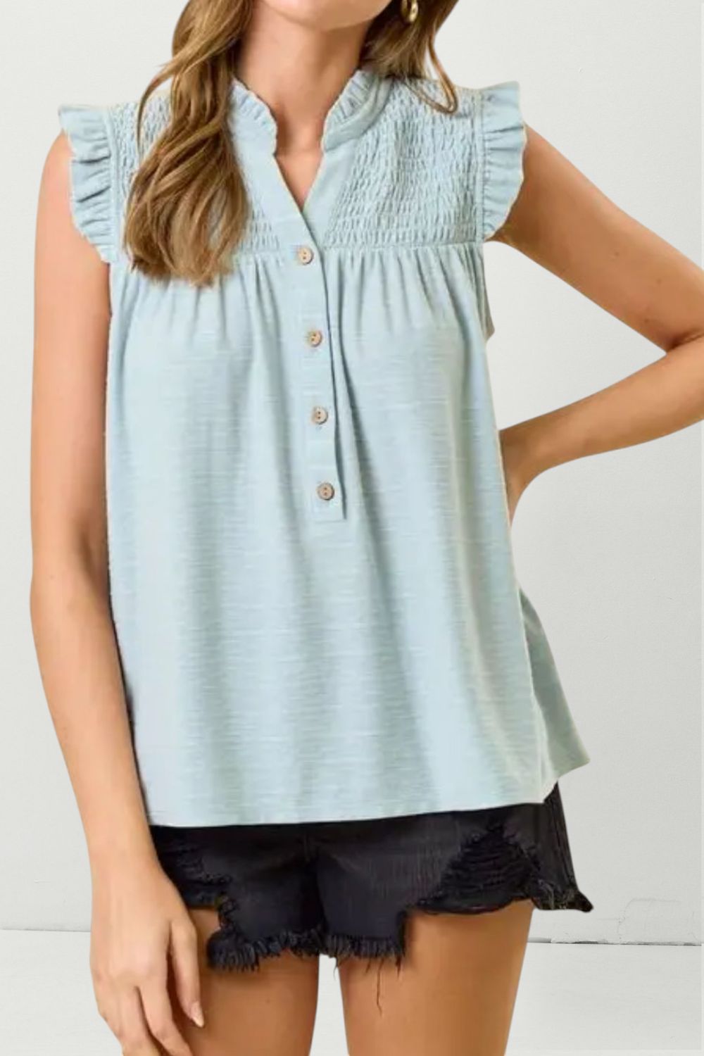 Ruffle Collar V-Neck - Dusty Blue