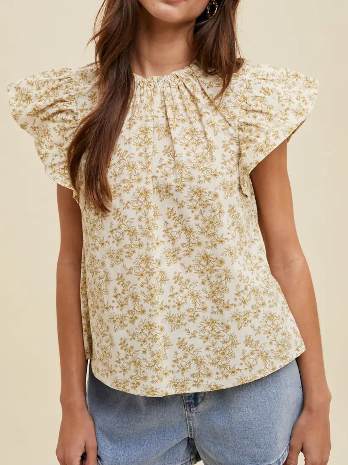 Floral Ruffle Sleeve Blouse Dijon