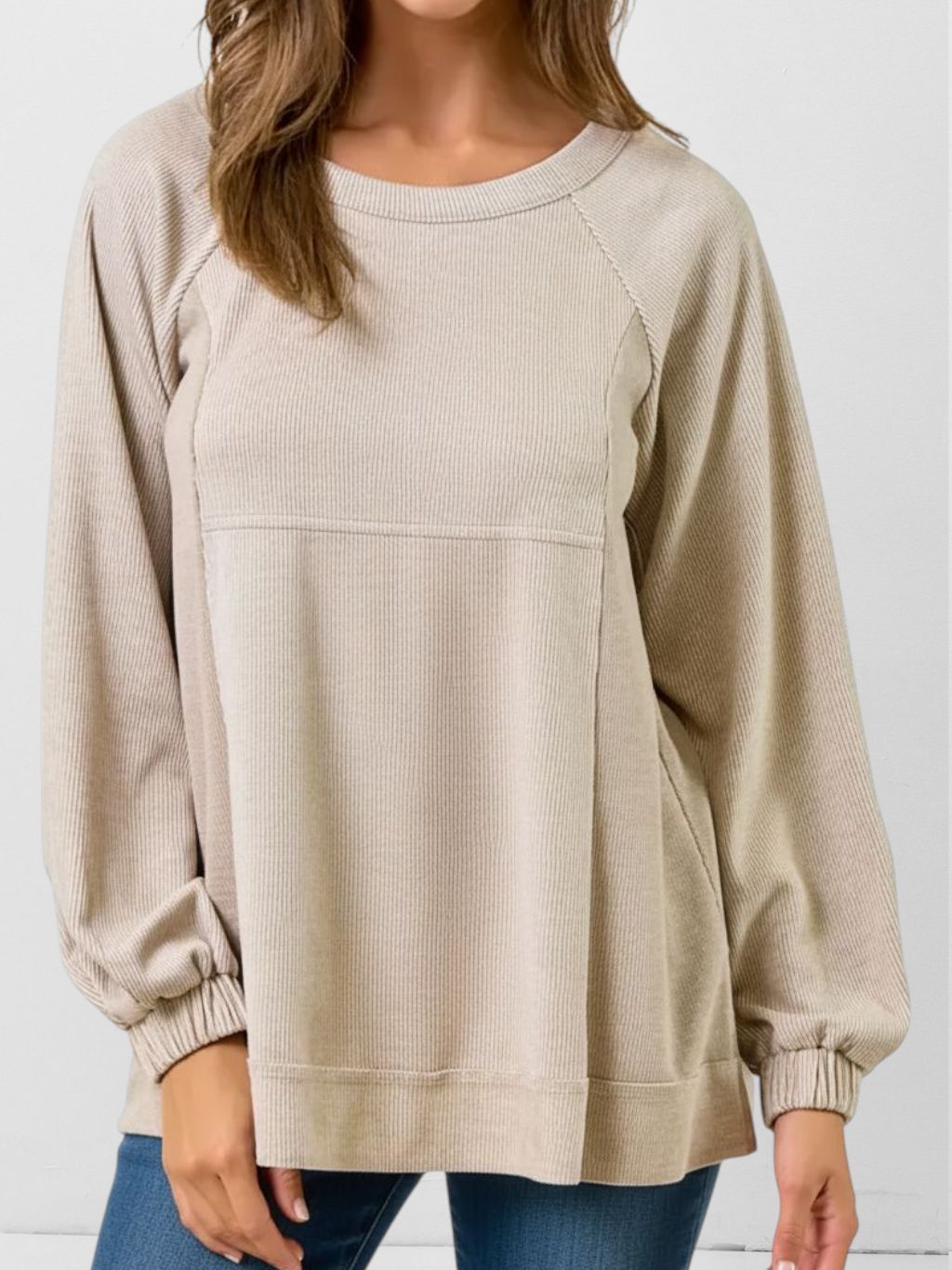 Pleat Sleeve Stripe Top - Tan