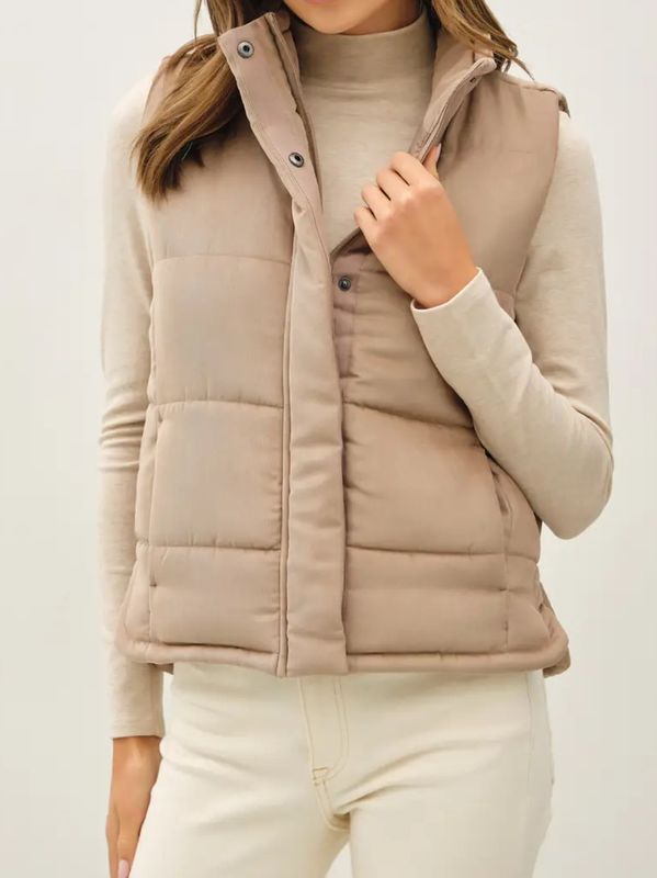 Suede Like Puffer Vest - Mocha