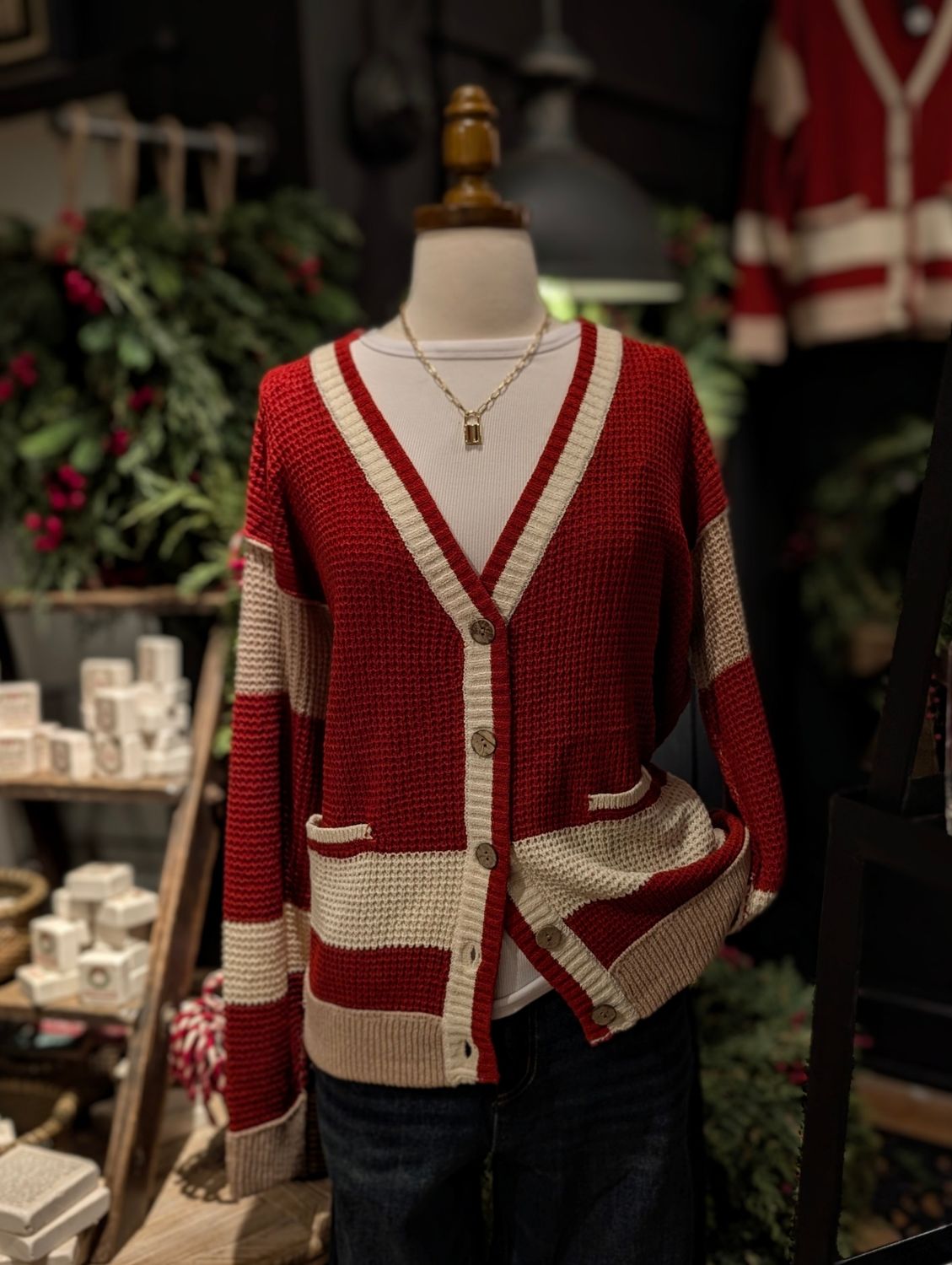 Red &amp; Cream Waffle Cardigan
