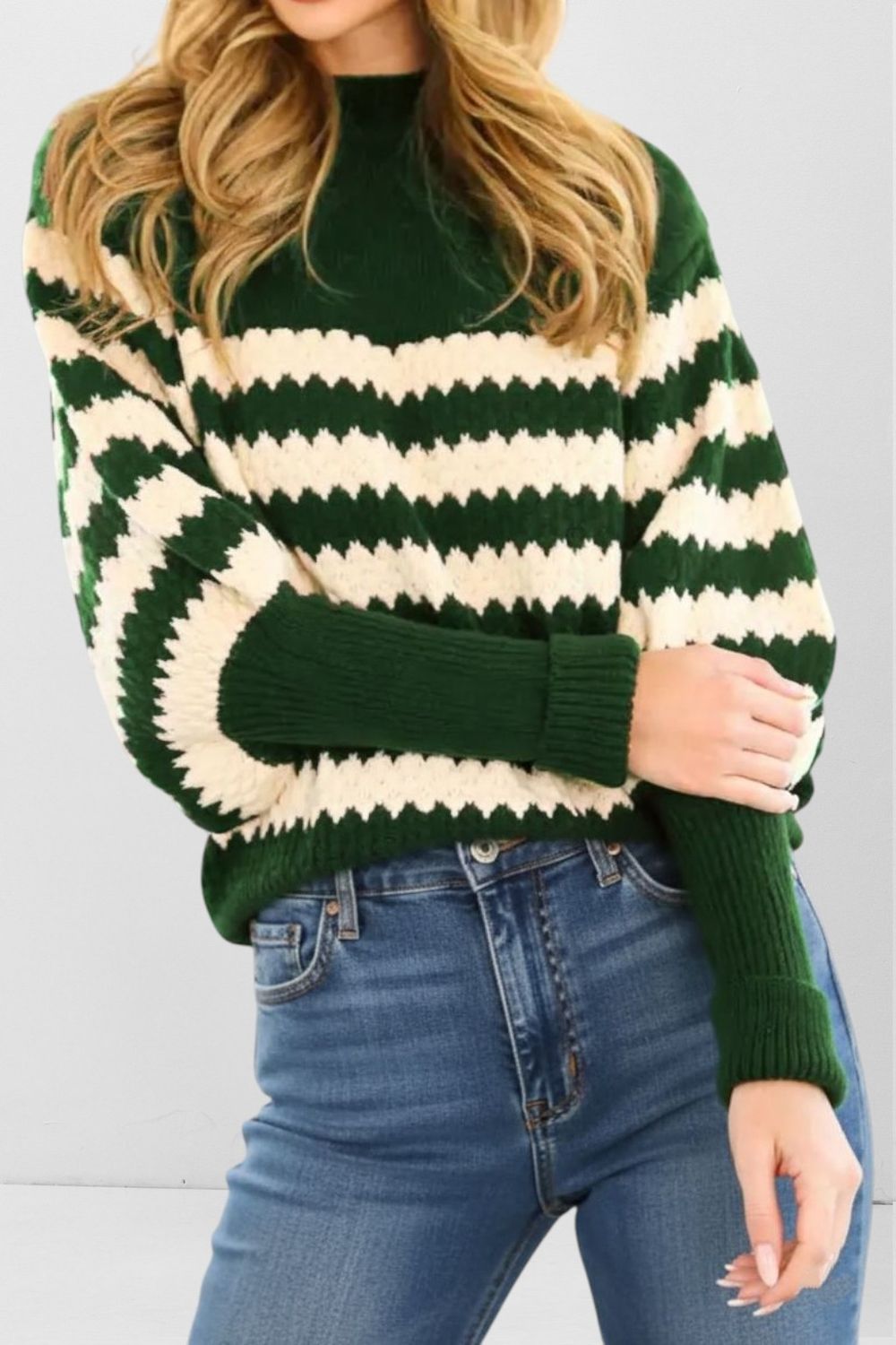 Ribbed Mock Neck Striped Sweater Hunter Green
