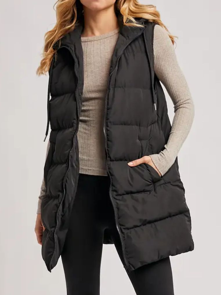 Hooded Puffer Long Vest - Black