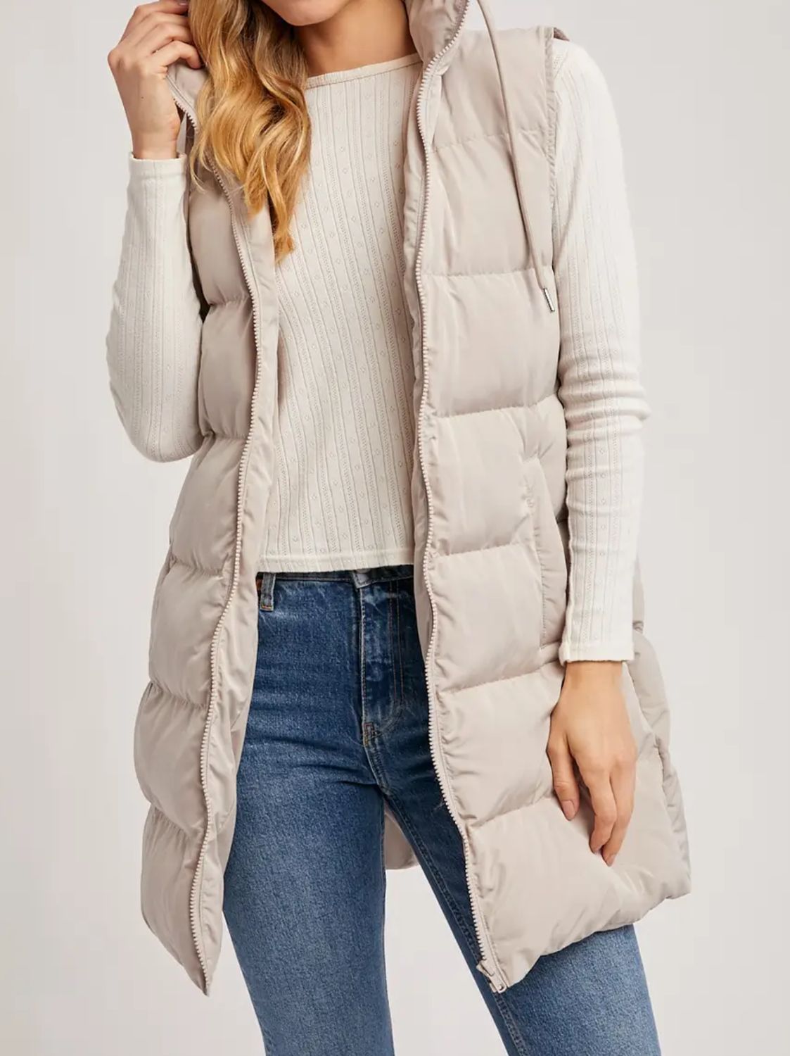 Hooded Long Puffer Vest - Beige