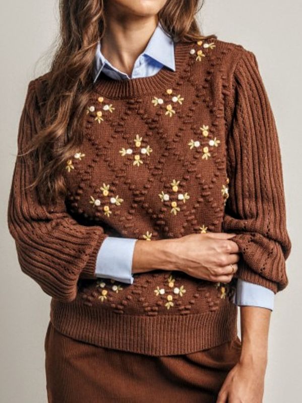 Embroidered Knit Mocha Sweater