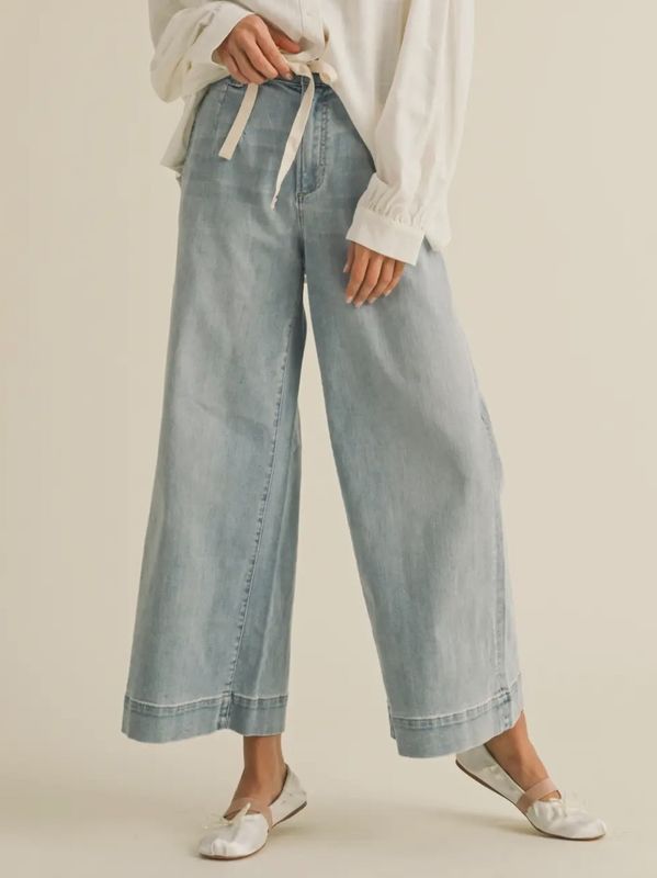 Washed Denim Tie Front Pants