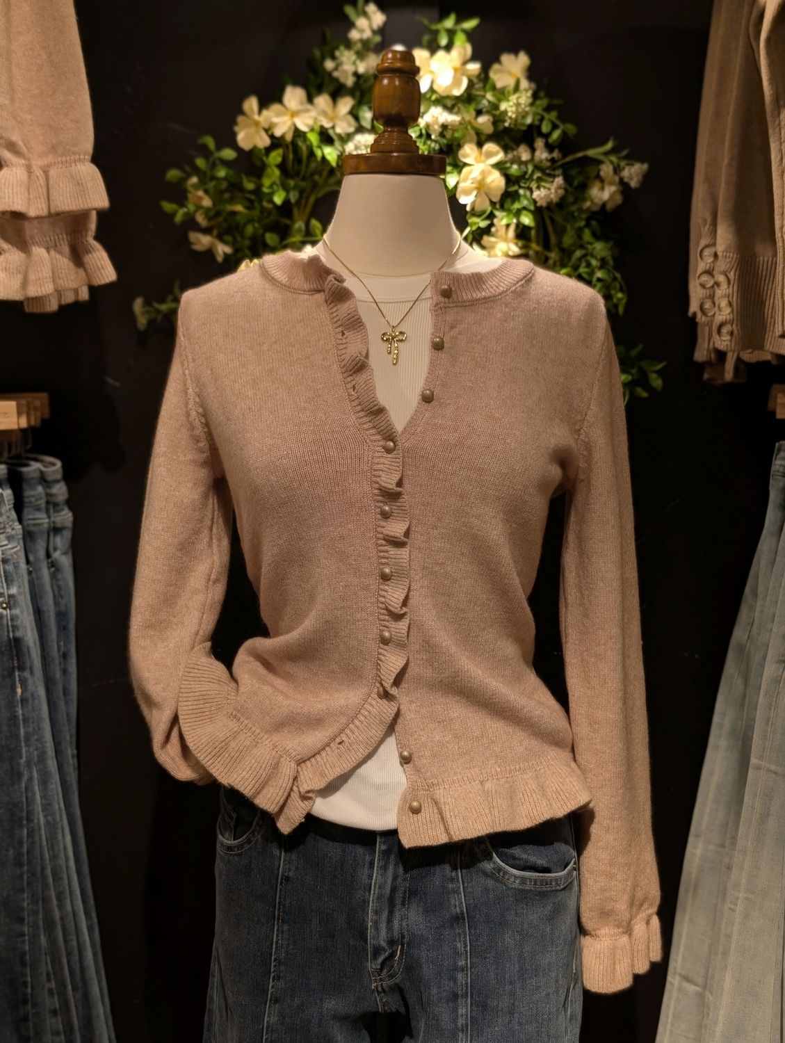 Ruffle Trim Gold Button Sweater