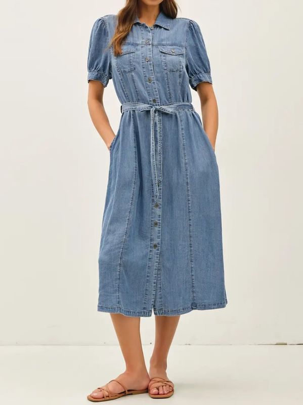 Puff Sleeved Denim Shirt Dress