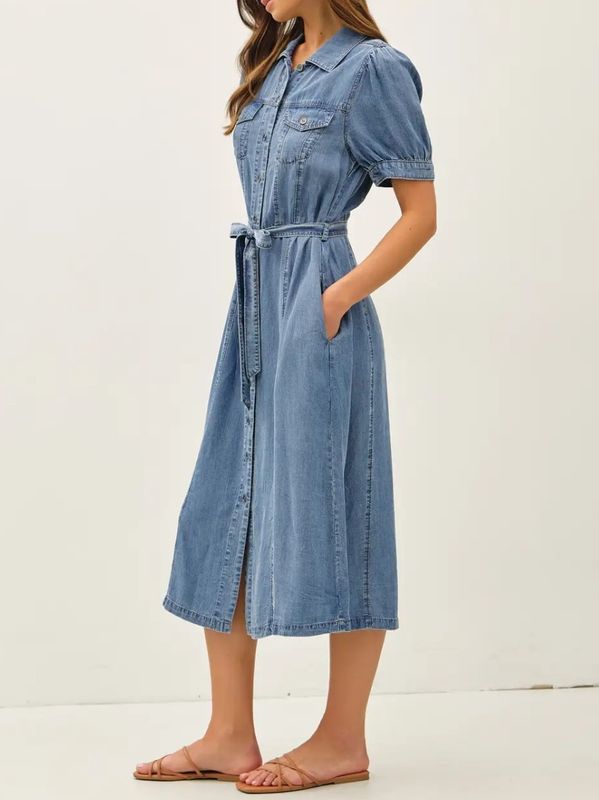 Puff Sleeved Denim Shirt Dress