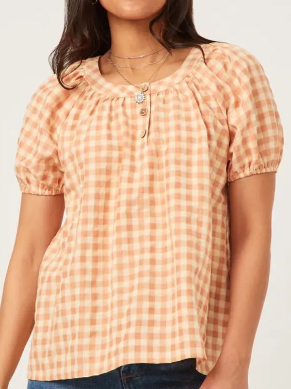 Gingham Detail Puff Sleeve Top