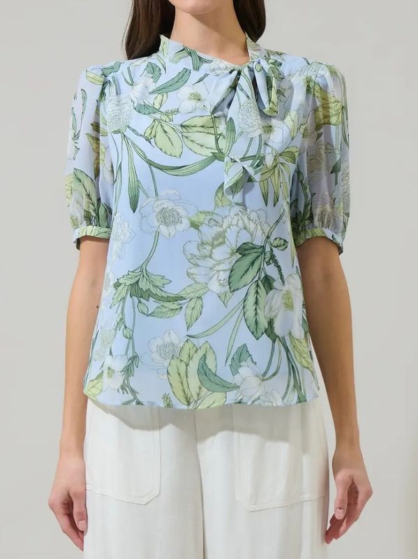 Blue Floral Bow Blouse