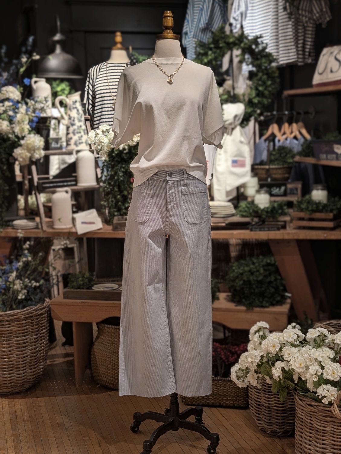 Mica Blue &amp; White Striped Wide Leg Crop Jean