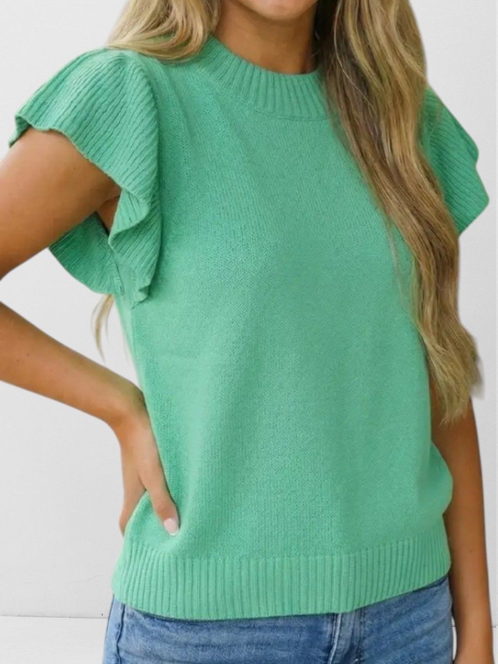 Ribbed Trim Ruffle Short Sleeve Sweater