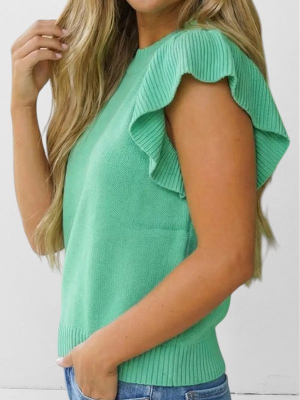Ribbed Trim Ruffle Short Sleeve Sweater
