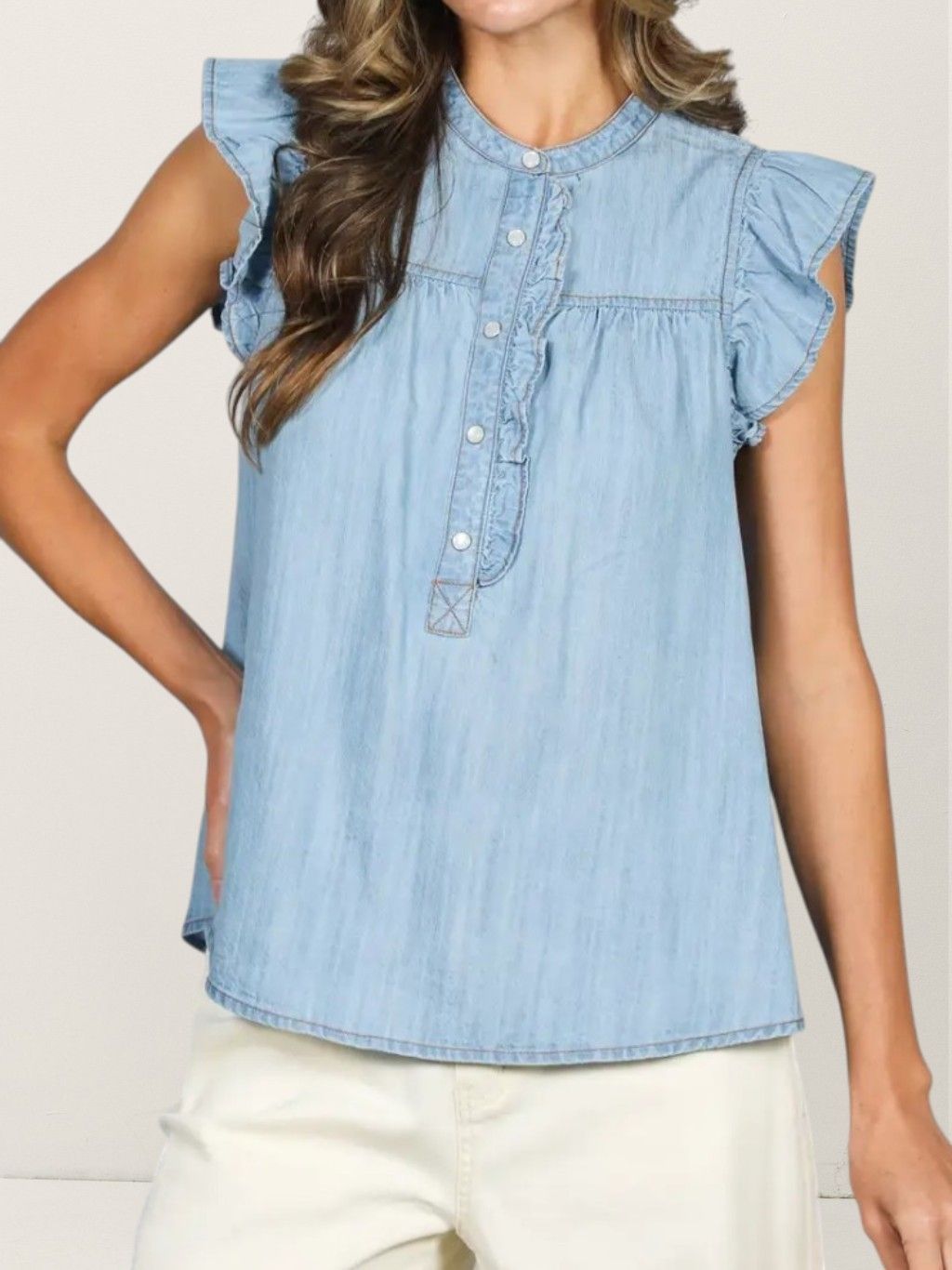 Ruffle Accent Short Sleeve Denim Top