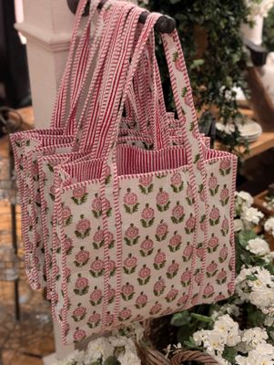 Quilted Block Print Tote Bag - Large  Pink Flower
