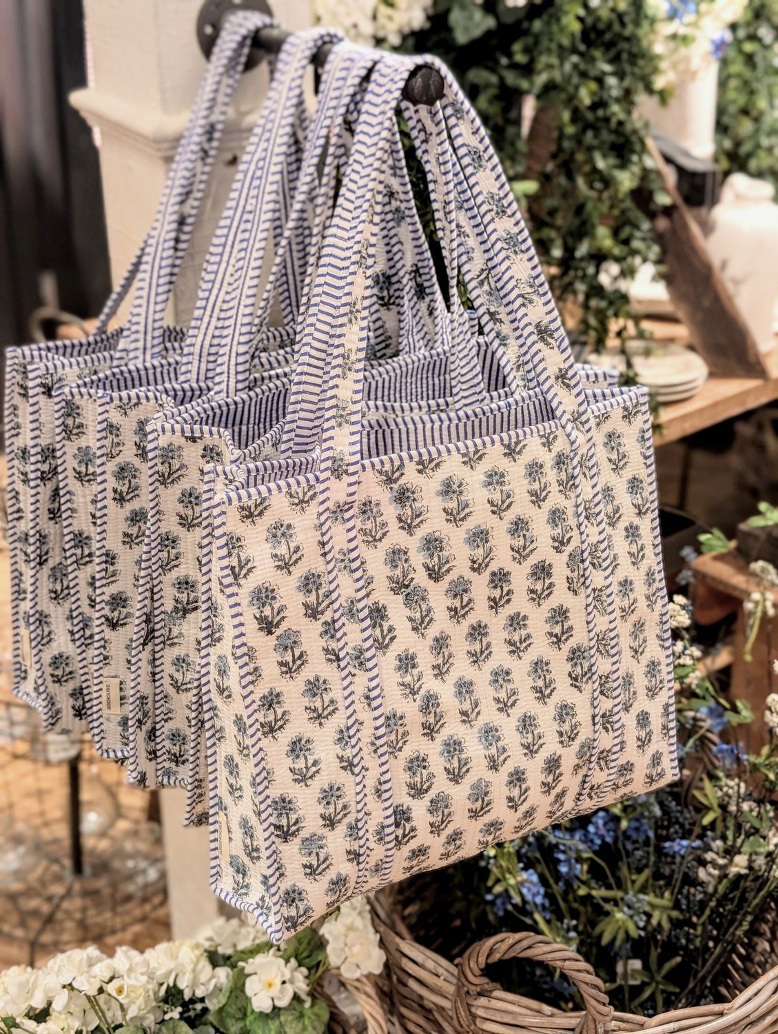 Quilted Block Print Tote Bag - Small Blue Flower