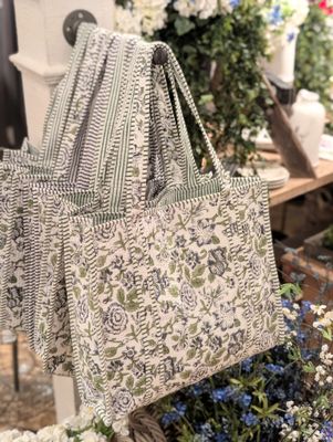 Quilted Block Print Tote Bag - Large Blue Flower