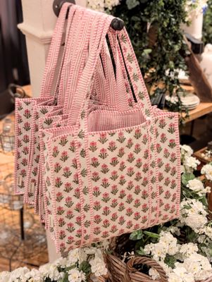 Quilted Block Print Tote Bag - Small Pink Flower