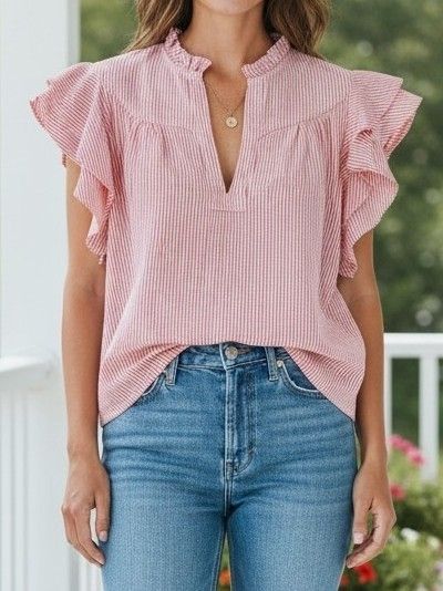Striped V Neck Double Ruffle