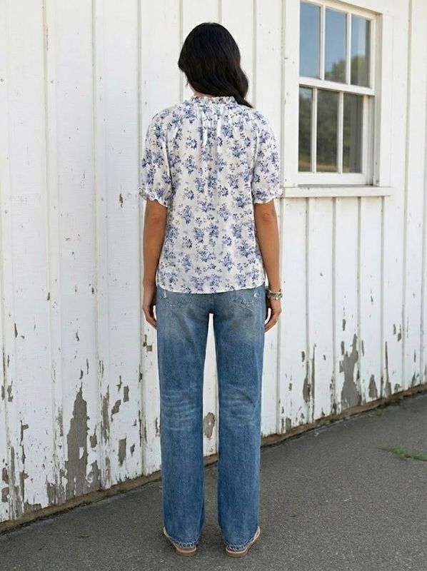 Floral Print Button Front V Neck